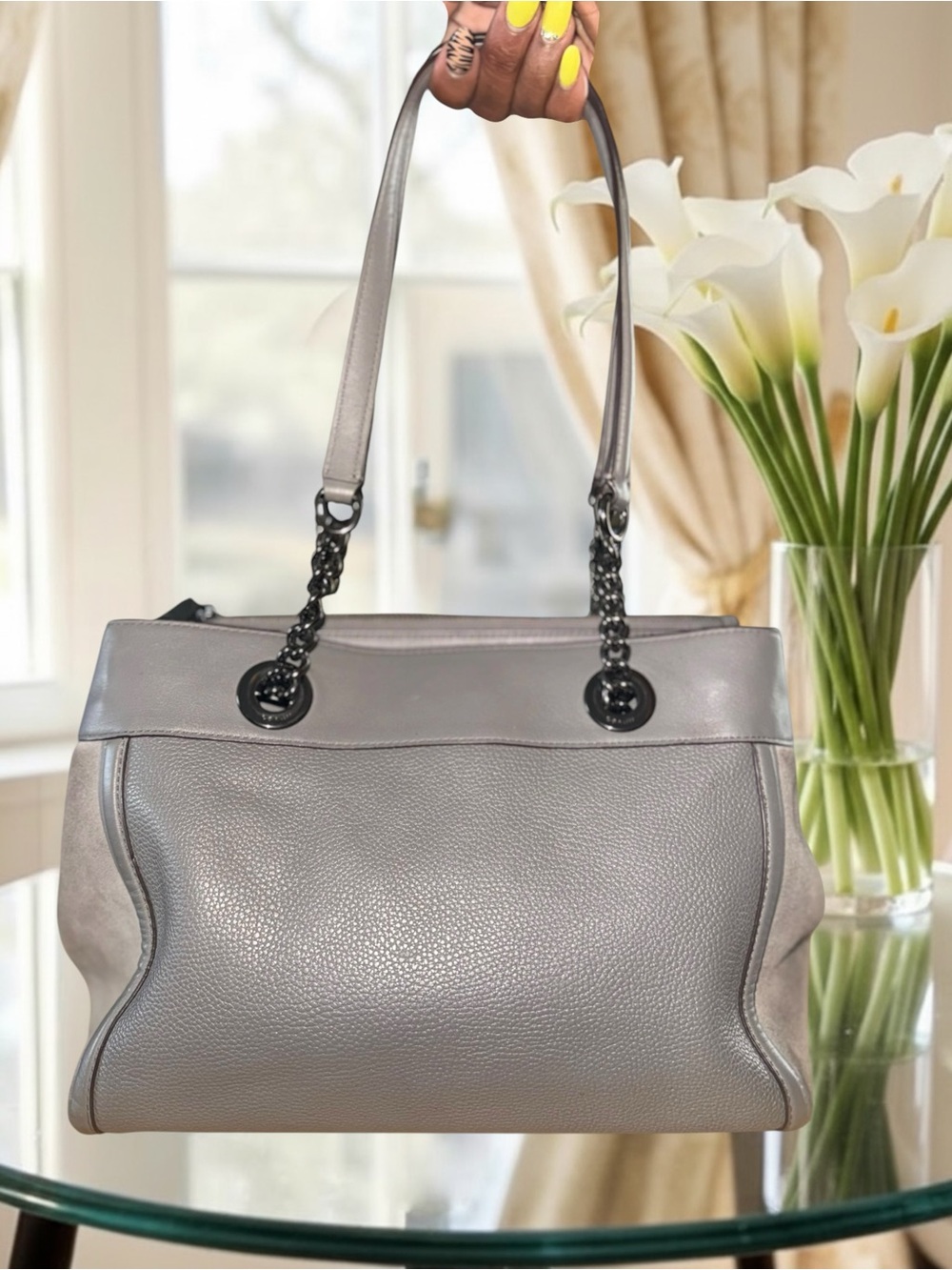 Coach Eddie Grey Pebbled Leather w. Suede Panels Turnlock Shoulder Bag - Picture 6 of 12